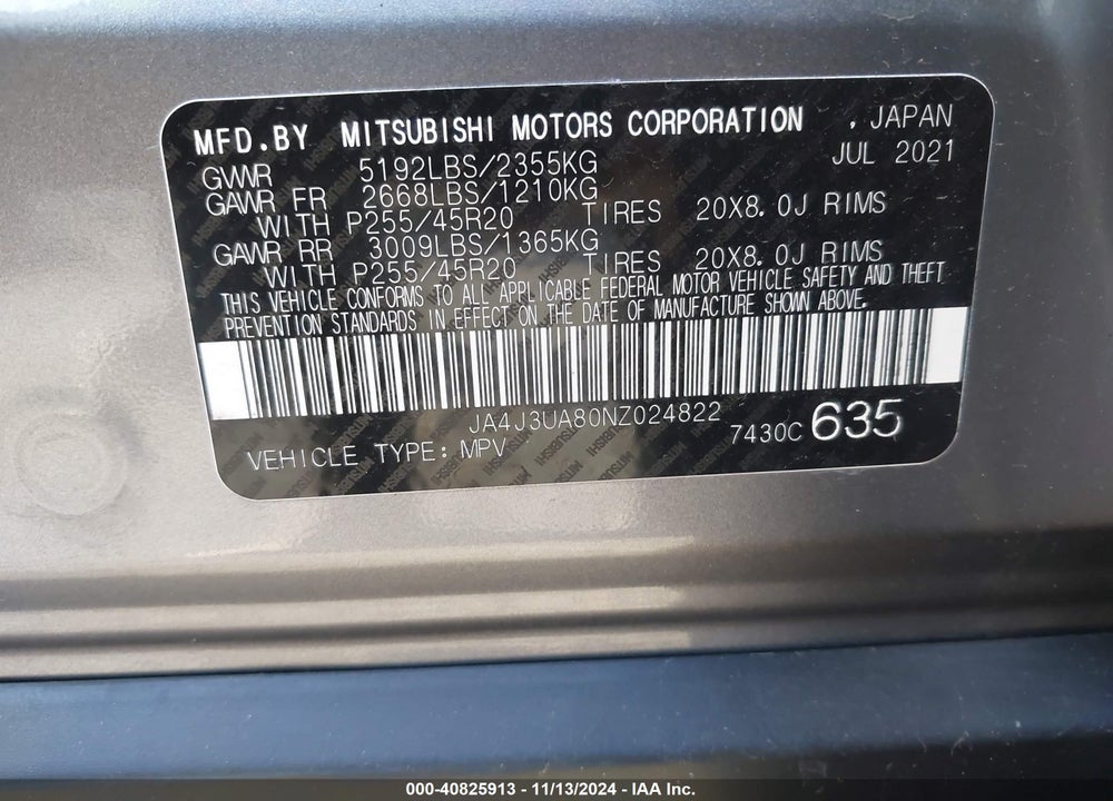 2022 MITSUBISHI OUTLANDER SE BLACK EDITION VIN: JA4J3UA80NZ024822