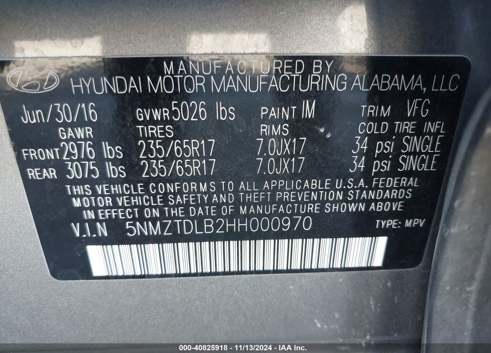 2017 HYUNDAI SANTA FE SPORT 2.4L VIN: 5NMZTDLB2HH000970