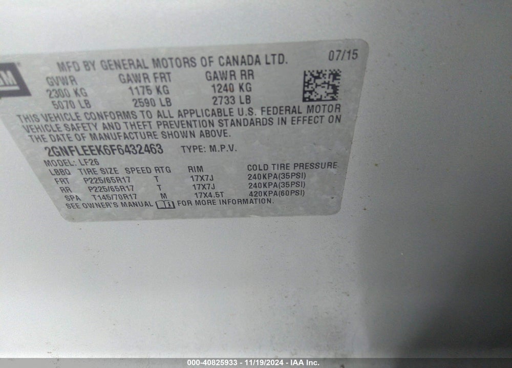 2015 CHEVROLET EQUINOX LS VIN: 2GNFLEEK6F6432463