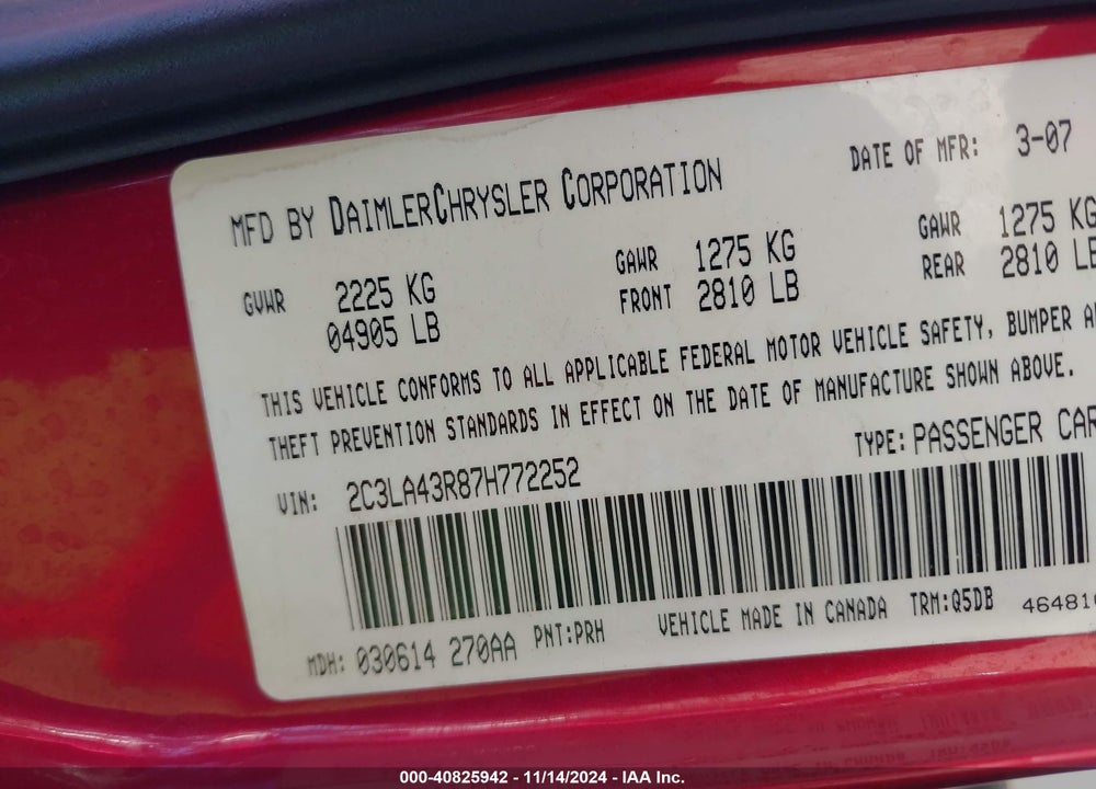 2007 CHRYSLER 300 VIN: 2C3LA43R87H772252