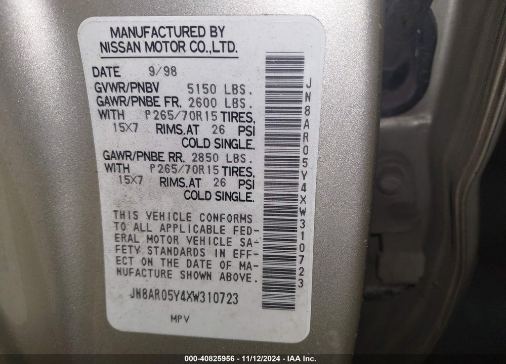 1999 NISSAN PATHFINDER LE/SE/XE VIN: JN8AR05Y4XW310723