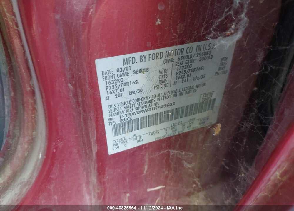 2001 FORD F-150 VIN: 1FTRW08W31KA85632