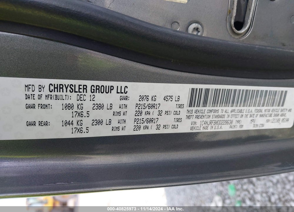 2013 JEEP PATRIOT LATITUDE VIN: 1C4NJRFB0DD228630