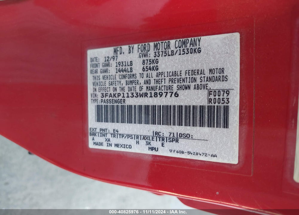 1998 FORD ESCORT ZX2 COOL/ZX2 HOT VIN: 3FAKP1133WR189776