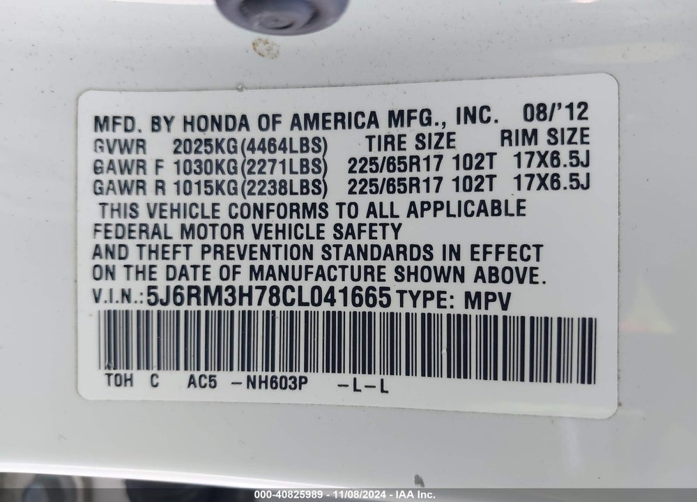 2012 HONDA CR-V EX-L VIN: 5J6RM3H78CL041665
