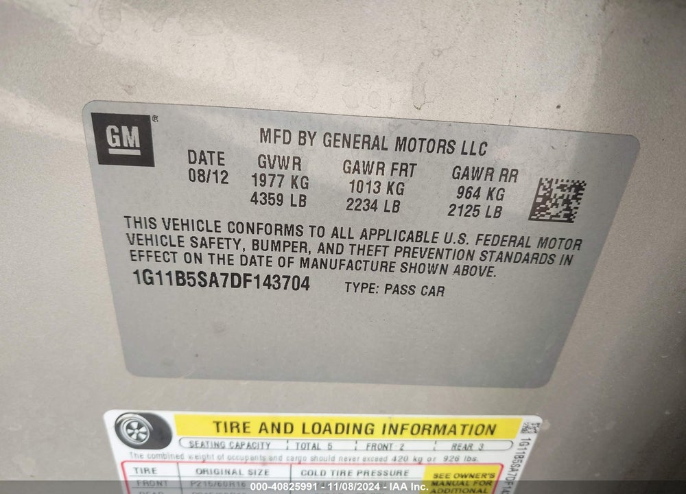 2013 CHEVROLET MALIBU 1LS VIN: 1G11B5SA7DF143704