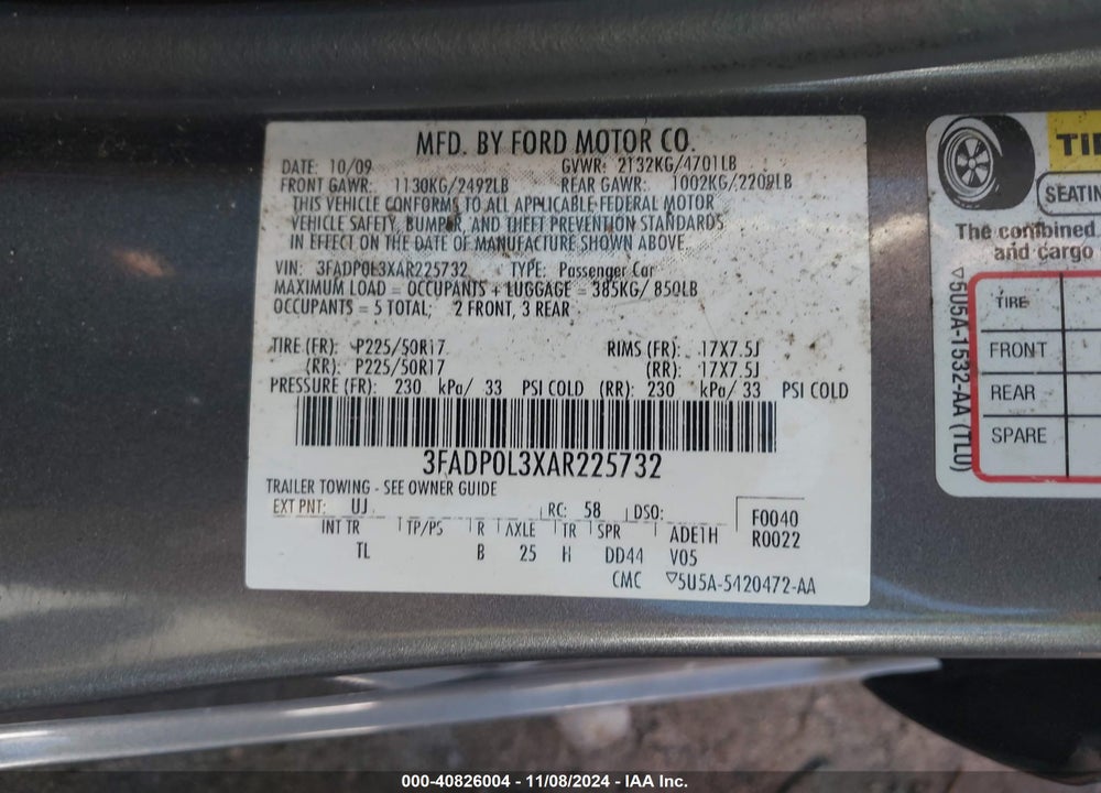 2010 FORD FUSION HYBRID VIN: 3FADP0L3XAR225732