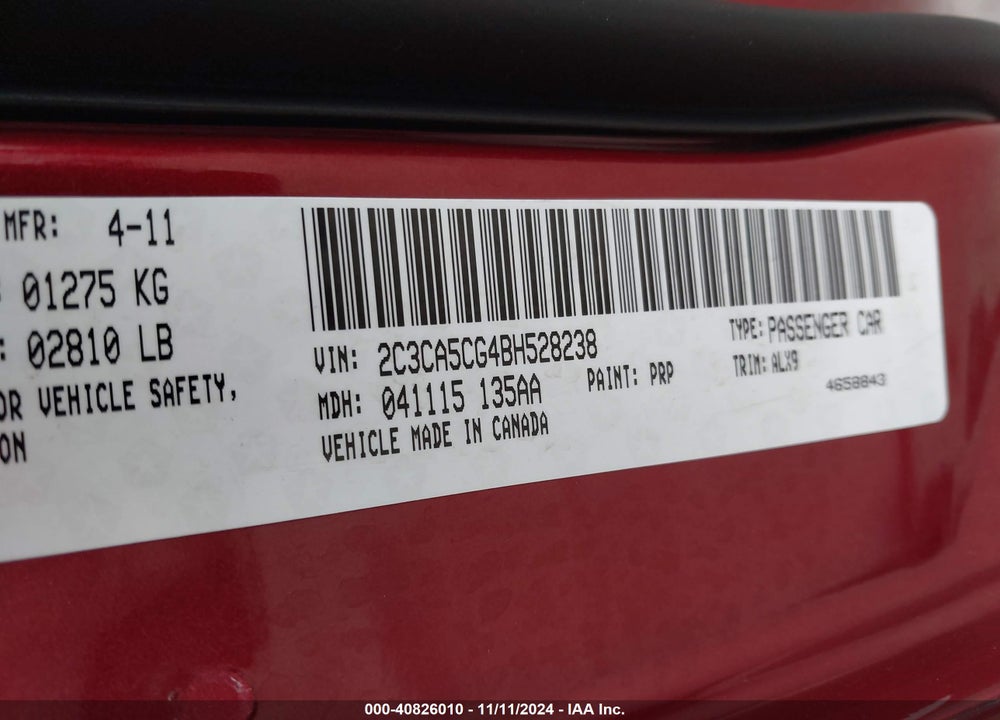 2011 CHRYSLER 300 LIMITED VIN: 2C3CA5CG4BH528238