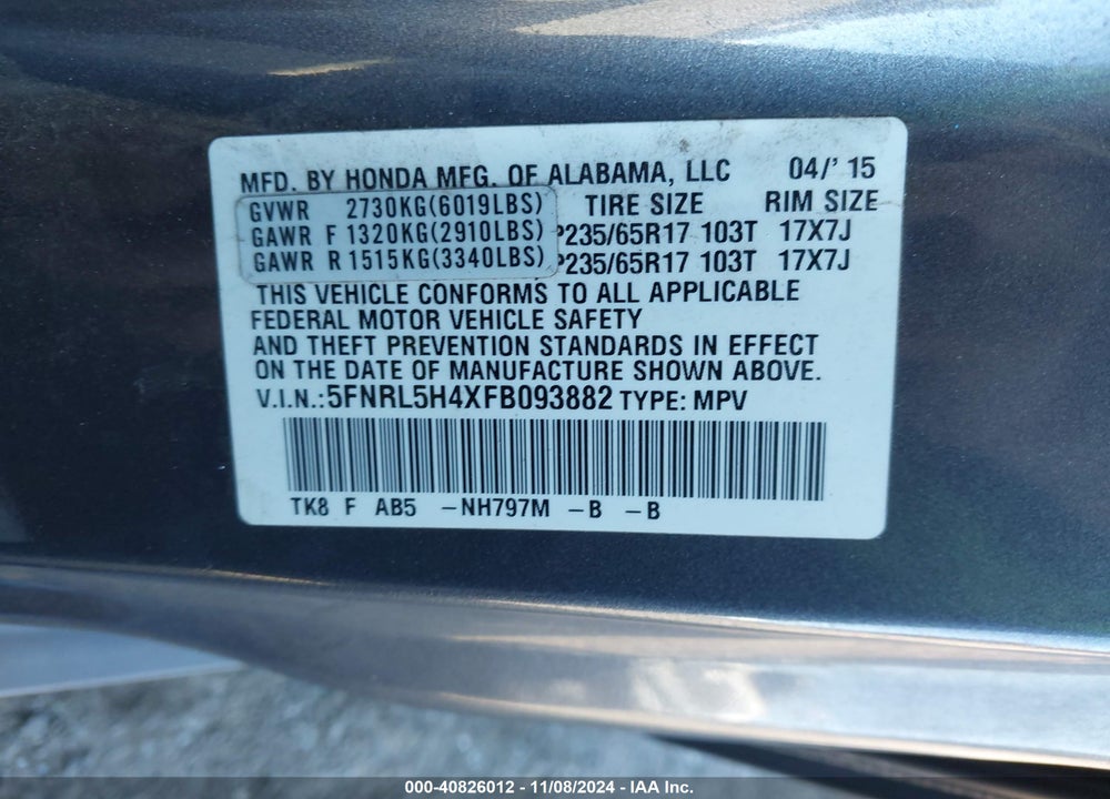 2015 HONDA ODYSSEY EX VIN: 5FNRL5H4XFB093882