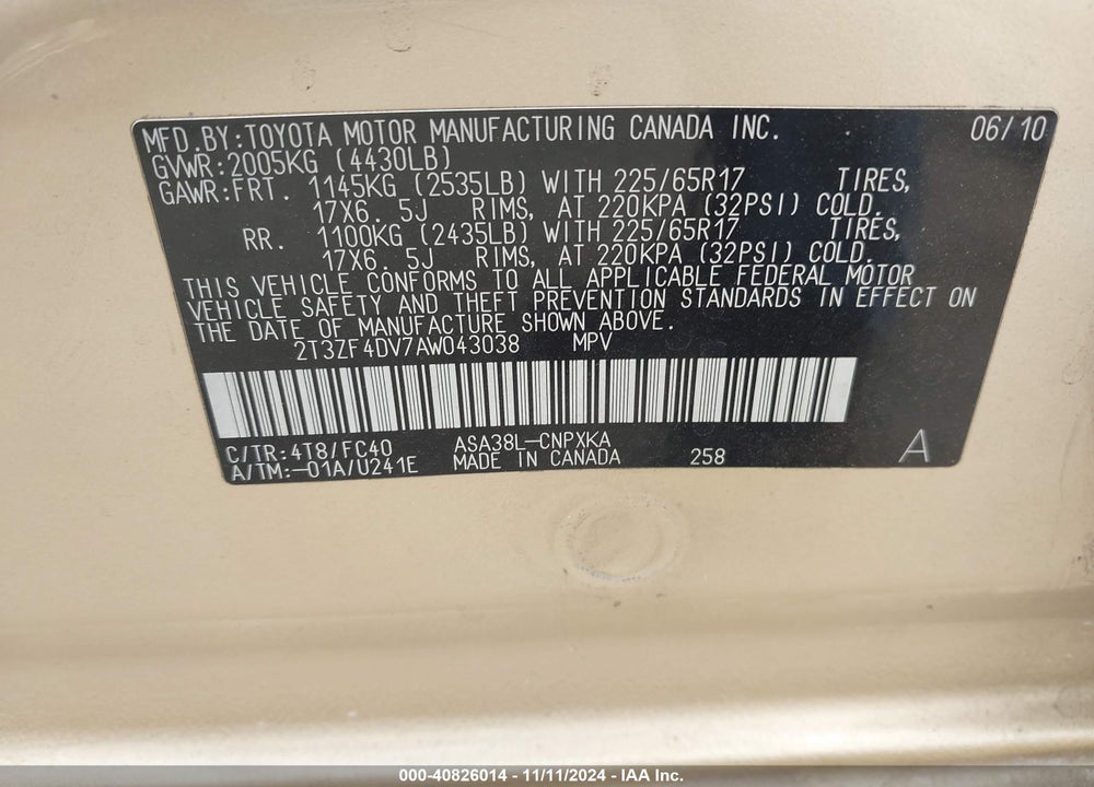 2010 TOYOTA RAV4 VIN: 2T3ZF4DV7AW043038