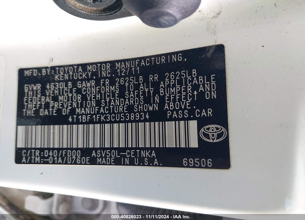 2012 TOYOTA CAMRY LE VIN: 4T1BF1FK3CU538934