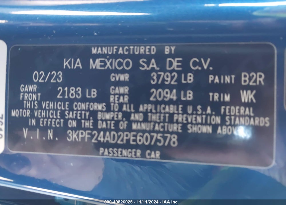 2023 KIA FORTE LXS VIN: 3KPF24AD2PE607578