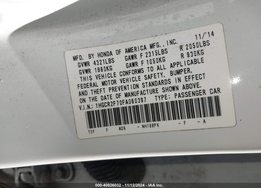 2015 HONDA ACCORD EX VIN: 1HGCR2F70FA060397