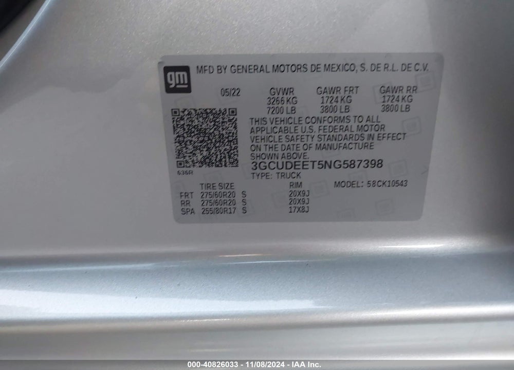2022 CHEVROLET SILVERADO 1500 4WD SHORT BED RST VIN: 3GCUDEET5NG587398