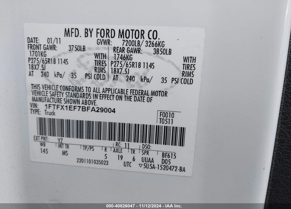 2011 FORD F-150 XLT VIN: 1FTFX1EF7BFA29004
