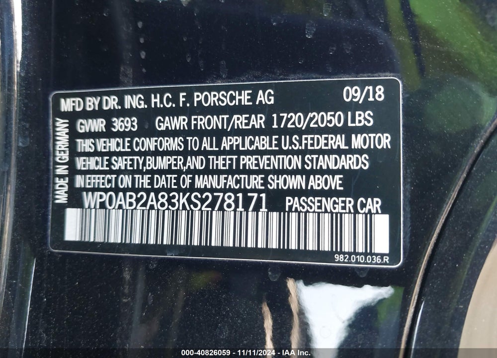 2019 PORSCHE 718 CAYMAN GTS VIN: WP0AB2A83KS278171