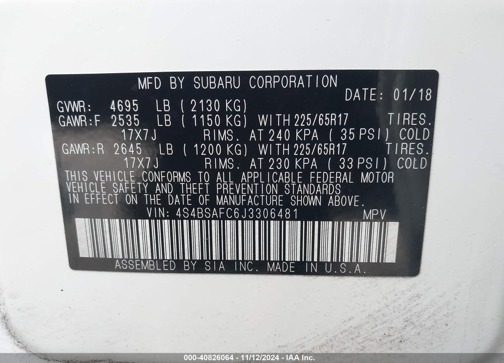 2018 SUBARU OUTBACK 2.5I PREMIUM VIN: 4S4BSAFC6J3306481