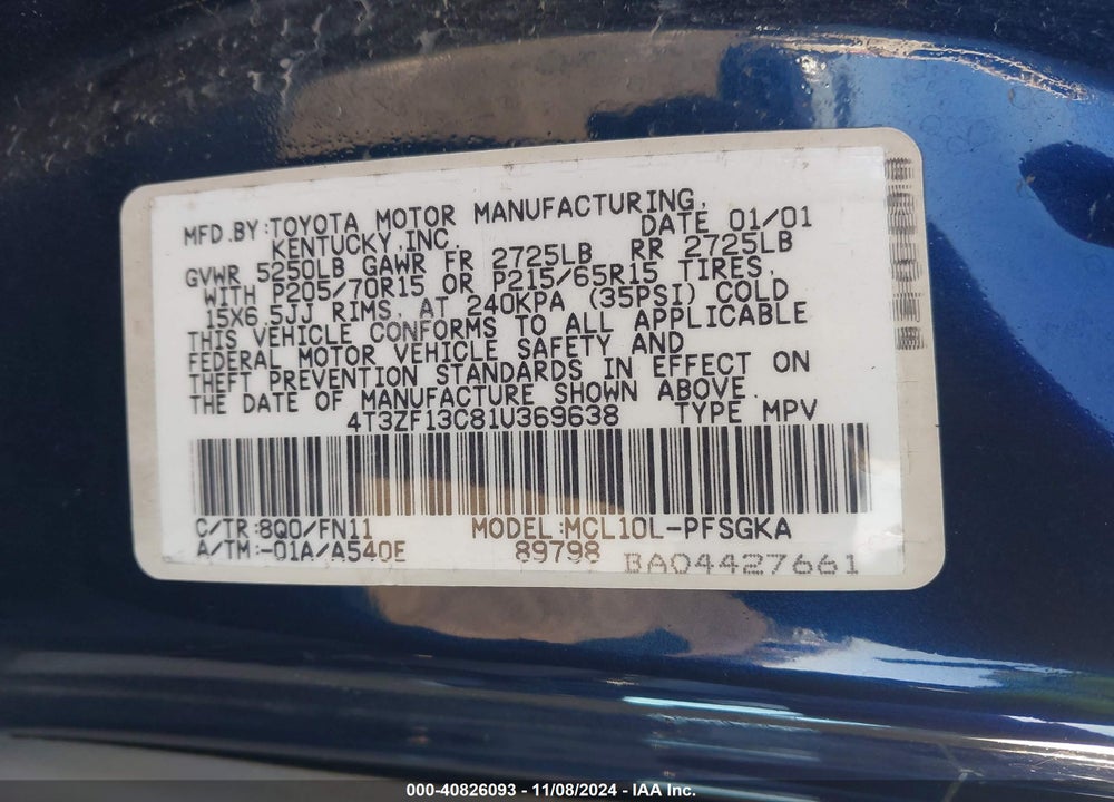 2001 TOYOTA SIENNA LE VIN: 4T3ZF13C81U369638
