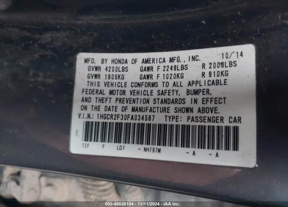 2015 HONDA ACCORD LX VIN: 1HGCR2F30FA034587