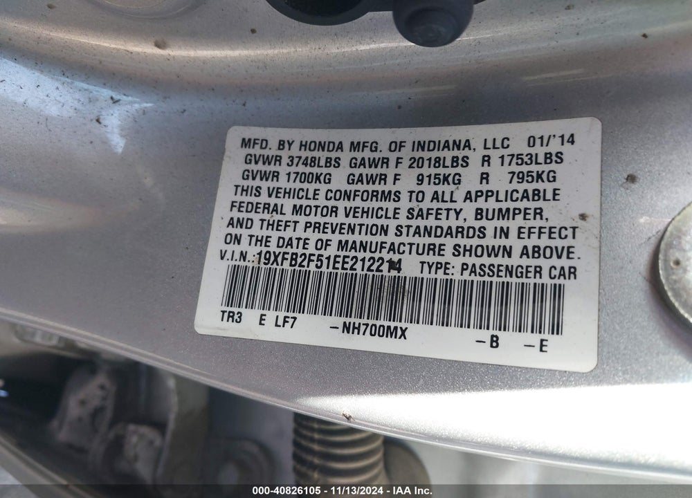 2014 HONDA CIVIC LX VIN: 19XFB2F51EE212214