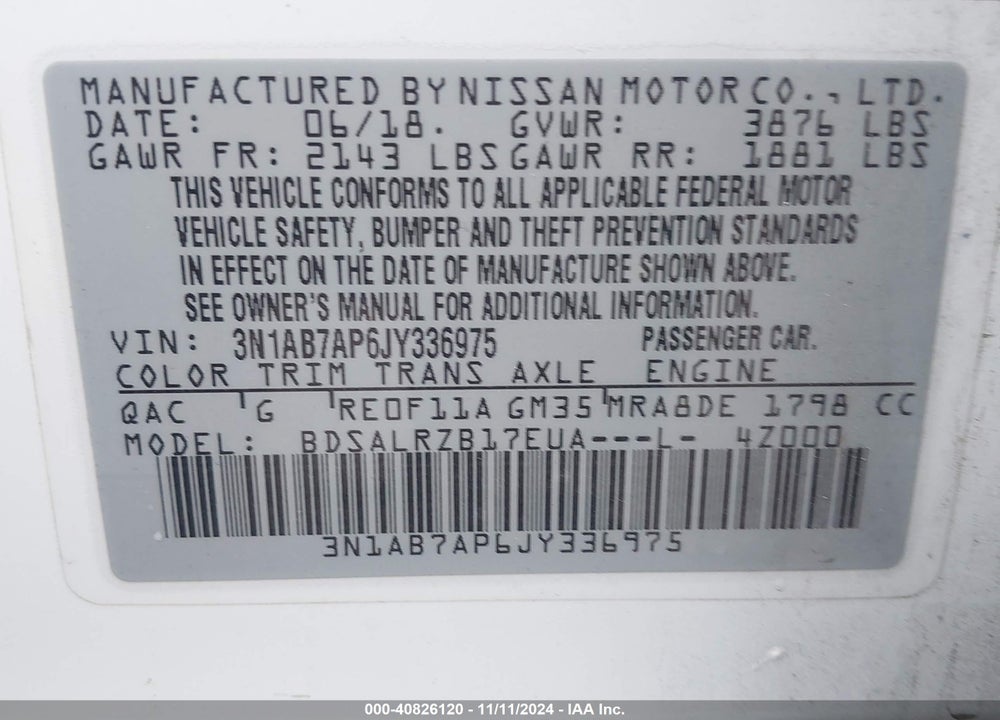 2018 NISSAN SENTRA SR VIN: 3N1AB7AP6JY336975