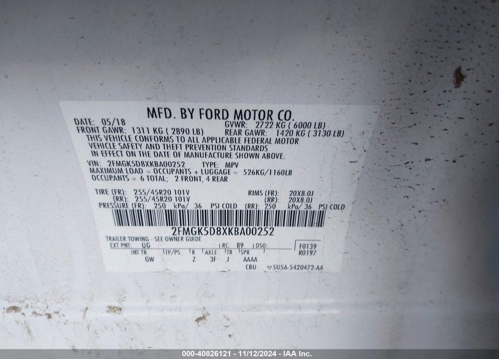 2019 FORD FLEX VIN: 2FMGK5D8XKBA00252
