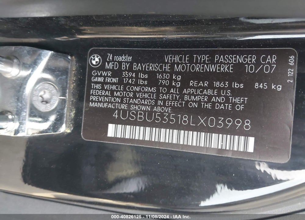 2008 BMW Z4 3.0SI VIN: 4USBU53518LX03998