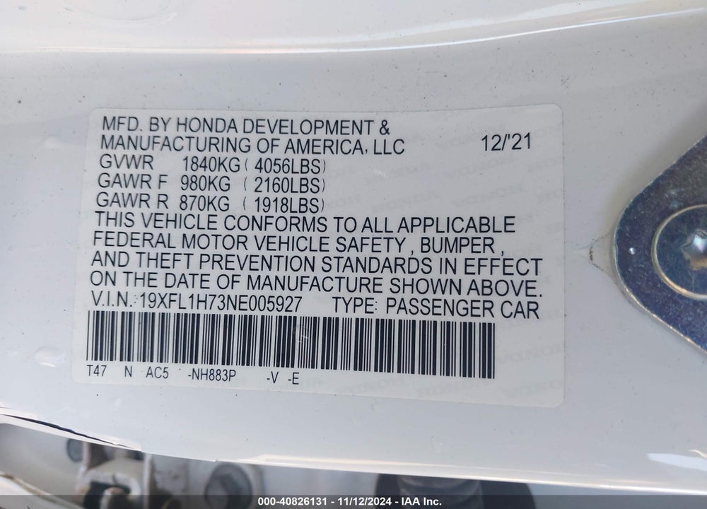 2022 HONDA CIVIC EX-L VIN: 19XFL1H73NE005927