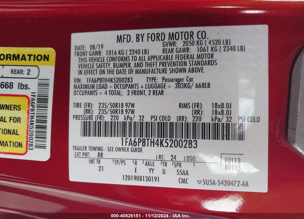 2019 FORD MUSTANG ECOBOOST VIN: 1FA6P8TH4K5200283