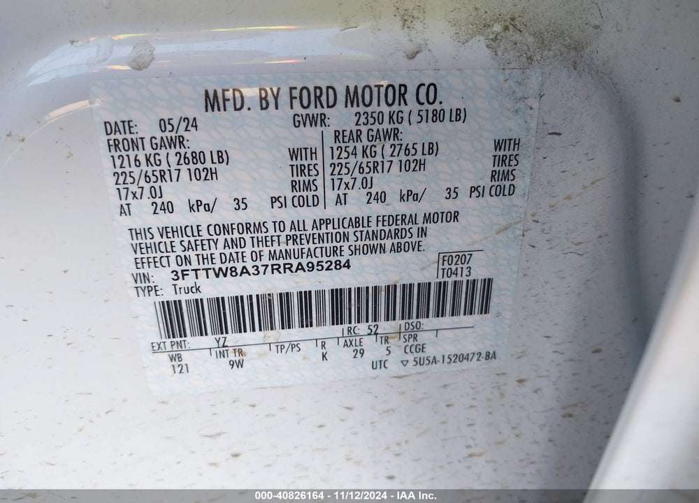 2024 FORD MAVERICK VIN: 3FTTW8A37RRA95284