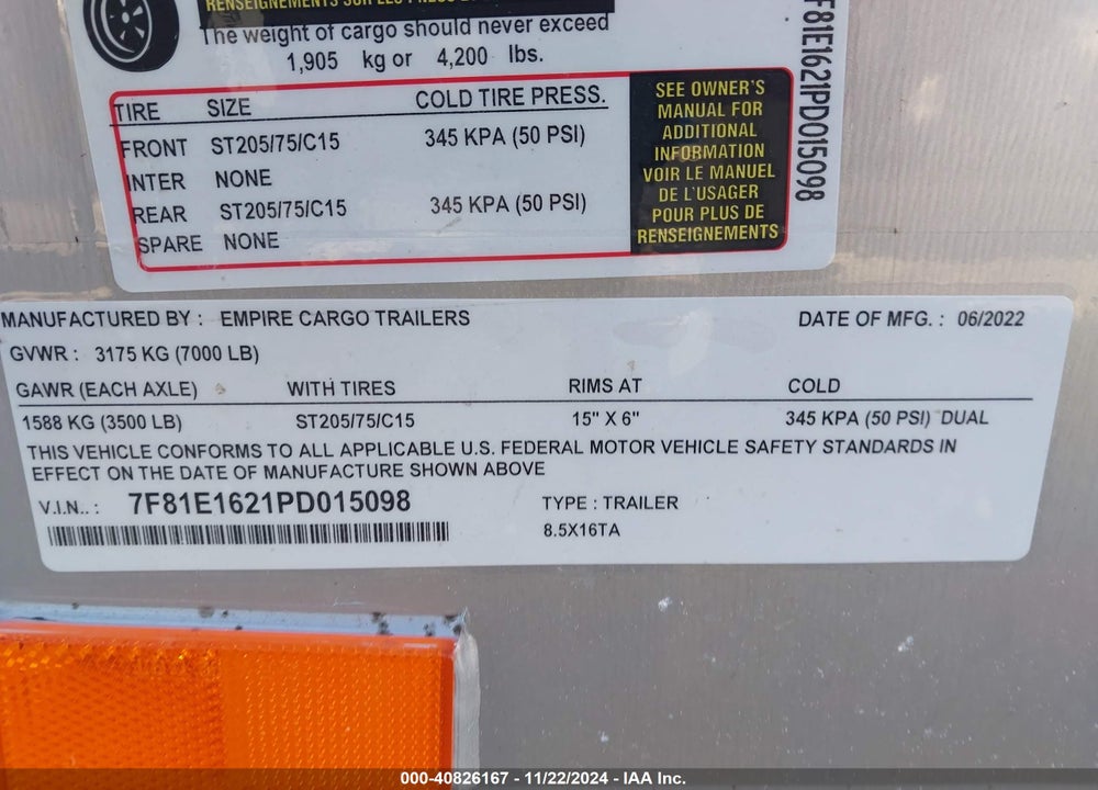 2023 EMPIRE OTHER VIN: 7F81E1621PD015098