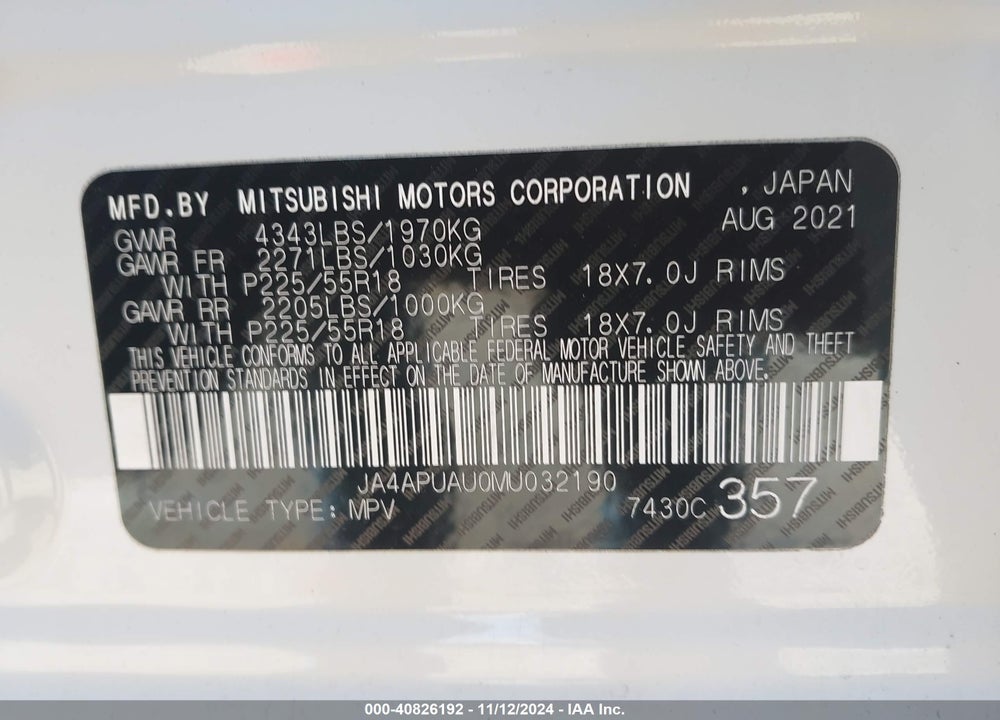 2021 MITSUBISHI OUTLANDER SPORT 2.0 BE 2WD/2.0 ES 2WD/2.0 LE 2WD/2.0 S 2WD VIN: JA4APUAU0MU032190