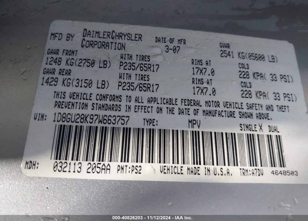 2007 DODGE NITRO SXT VIN: 1D8GU28K97W663757
