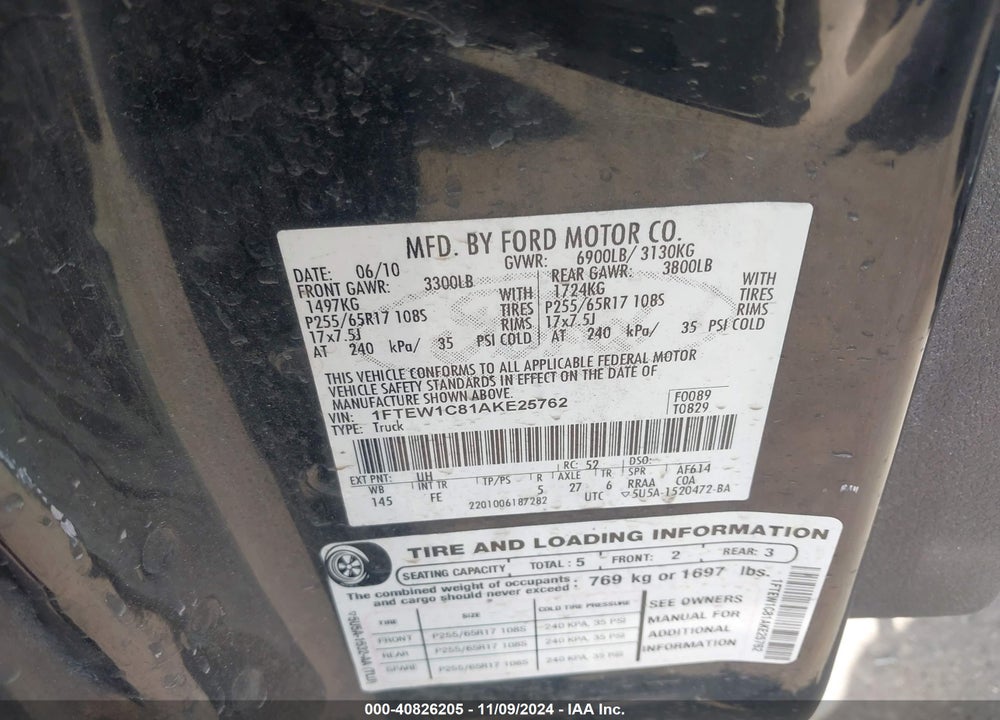 2010 FORD F-150 FX2 SPORT/XL/XLT VIN: 1FTEW1C81AKE25762