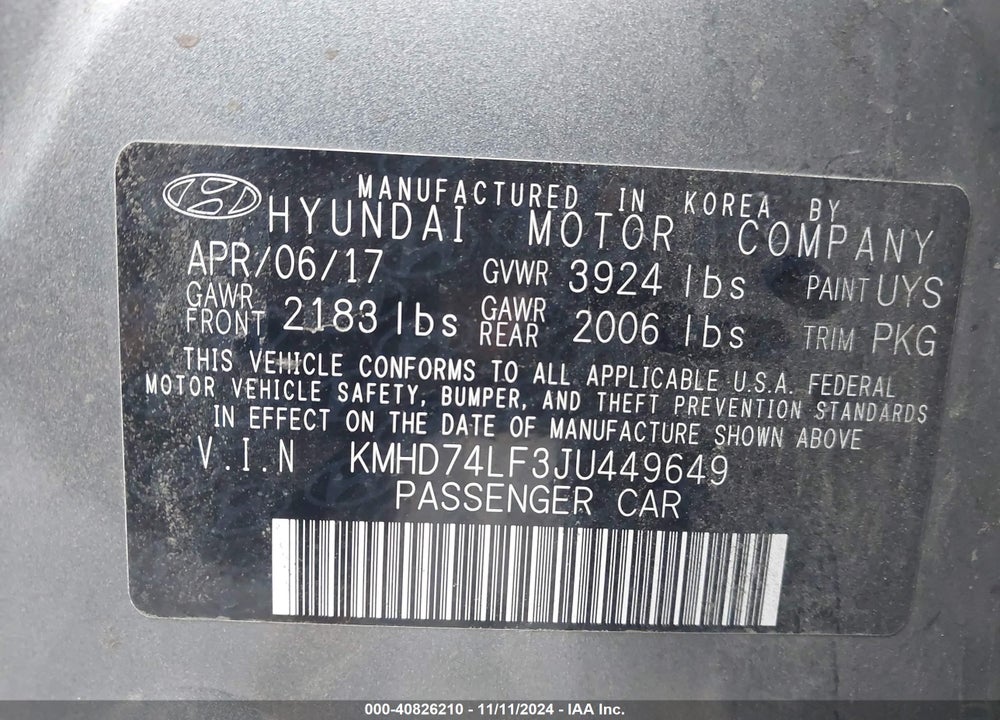 2018 HYUNDAI ELANTRA SE VIN: KMHD74LF3JU449649