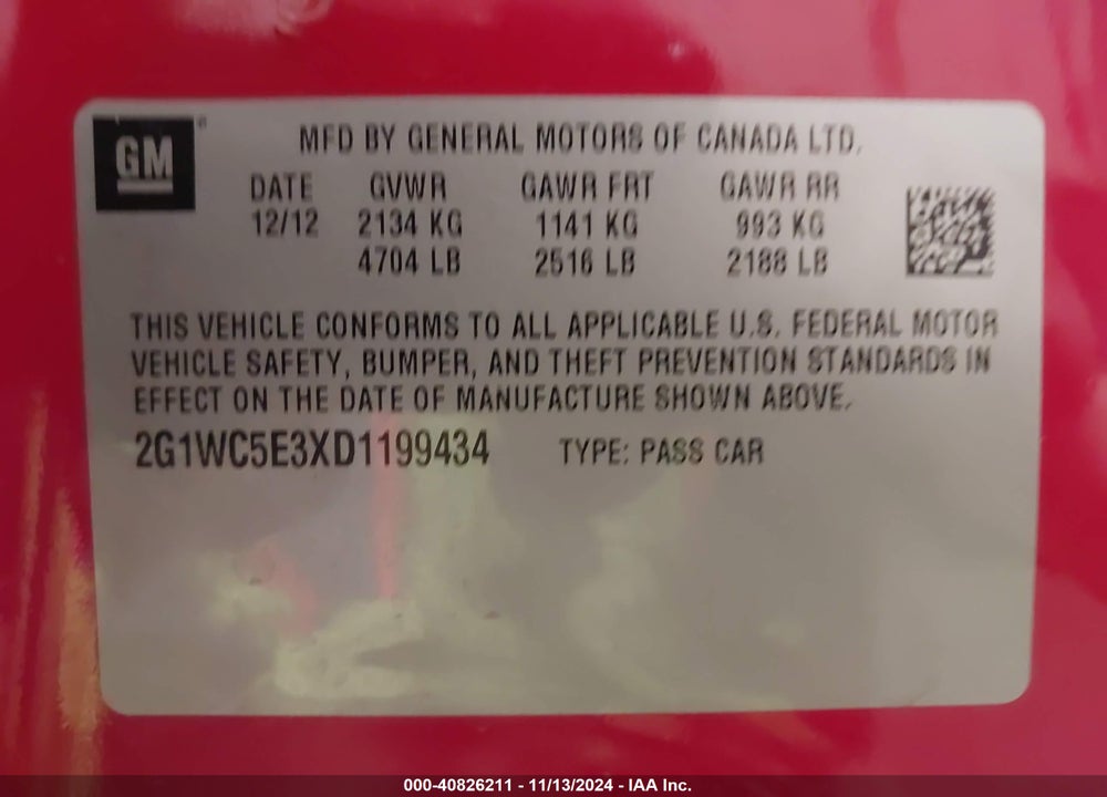 2013 CHEVROLET IMPALA LTZ VIN: 2G1WC5E3XD1199434
