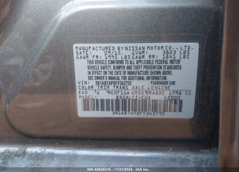 2015 NISSAN SENTRA S VIN: 3N1AB7AP8FY343790
