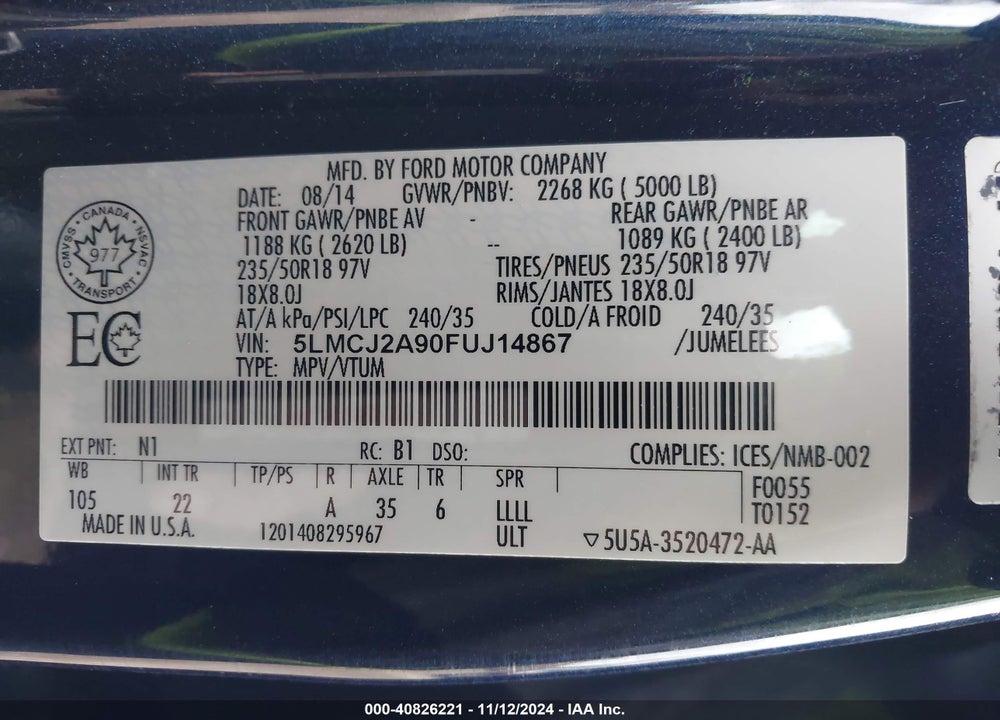 2015 LINCOLN MKC VIN: 5LMCJ2A90FUJ14867