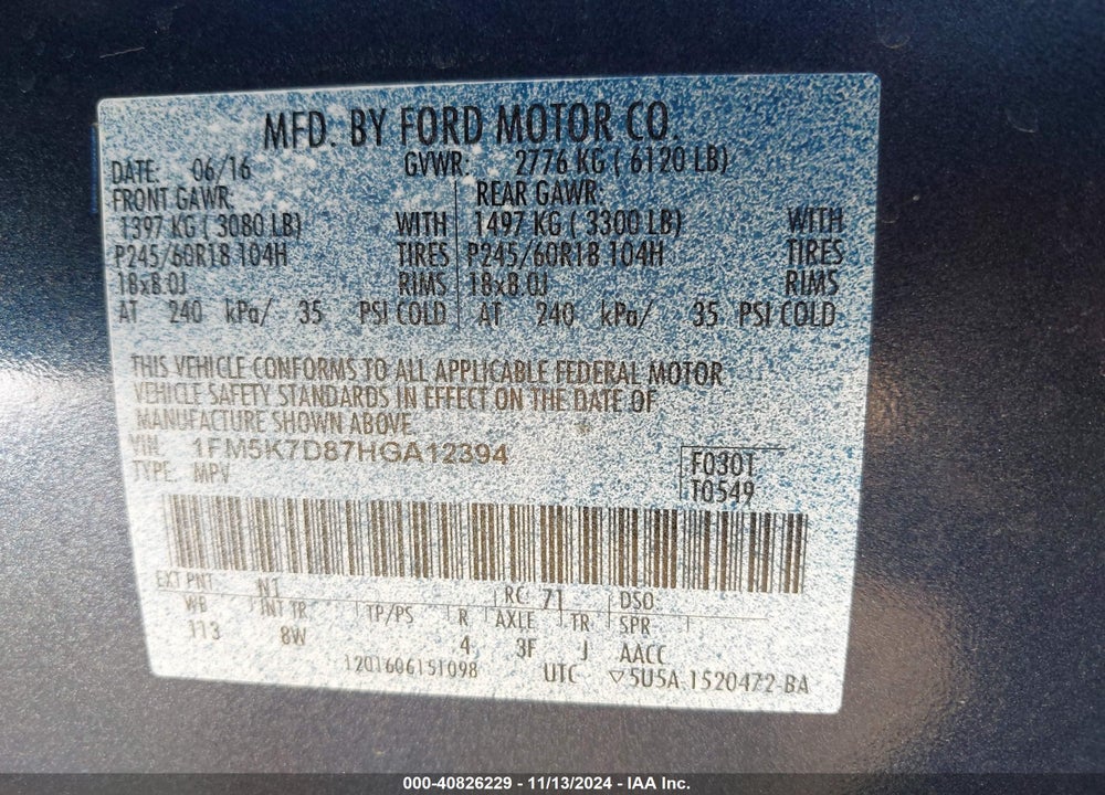 2017 FORD EXPLORER XLT VIN: 1FM5K7D87HGA12394