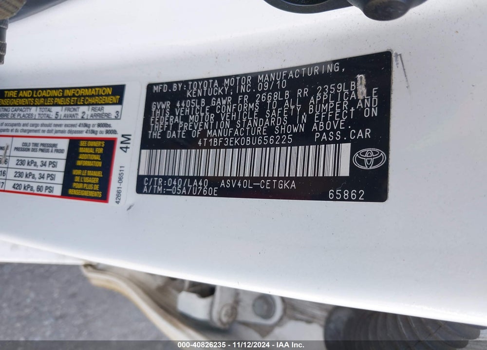 2011 TOYOTA CAMRY XLE VIN: 4T1BF3EK0BU656225