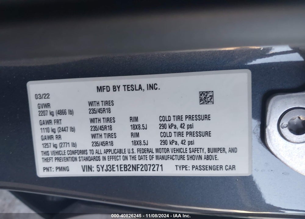 2022 TESLA MODEL 3 LONG RANGE DUAL MOTOR ALL-WHEEL DRIVE VIN: 5YJ3E1EB2NF207271