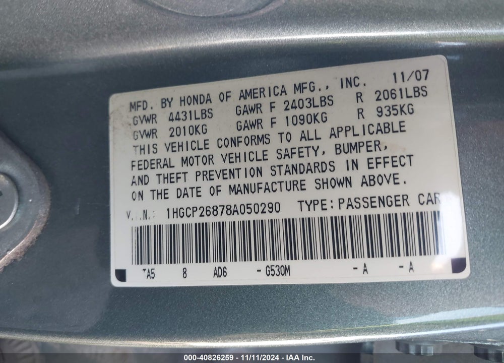 2008 HONDA ACCORD 2.4 EX-L VIN: 1HGCP26878A050290