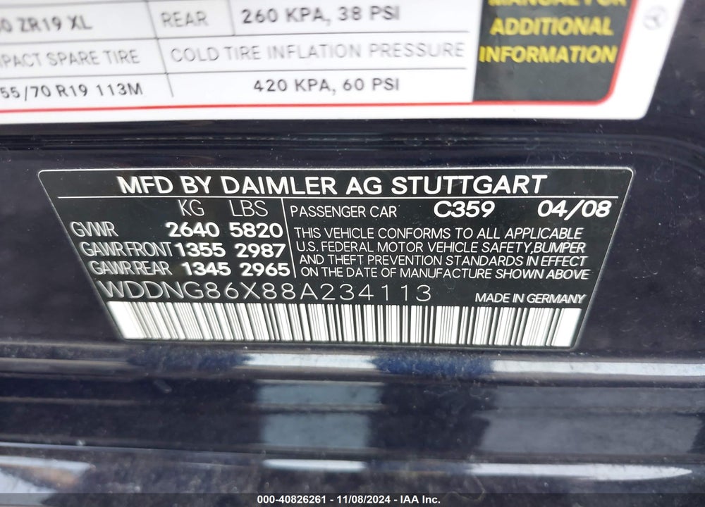 2008 MERCEDES-BENZ S 550 4MATIC VIN: WDDNG86X88A234113