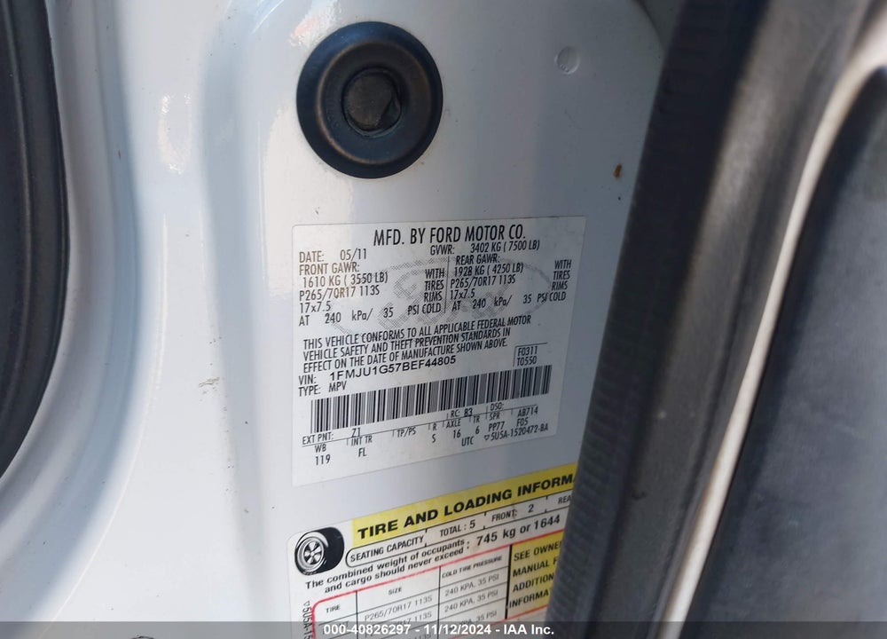 2011 FORD EXPEDITION XL VIN: 1FMJU1G57BEF44805