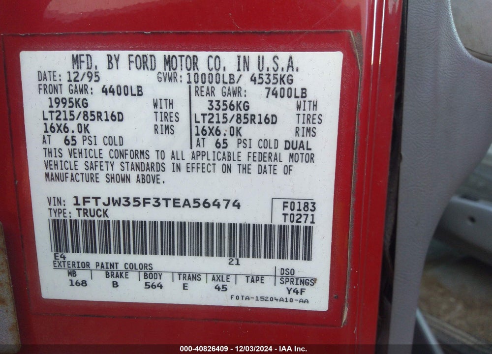 1996 FORD F350 VIN: 1FTJW35F3TEA56474
