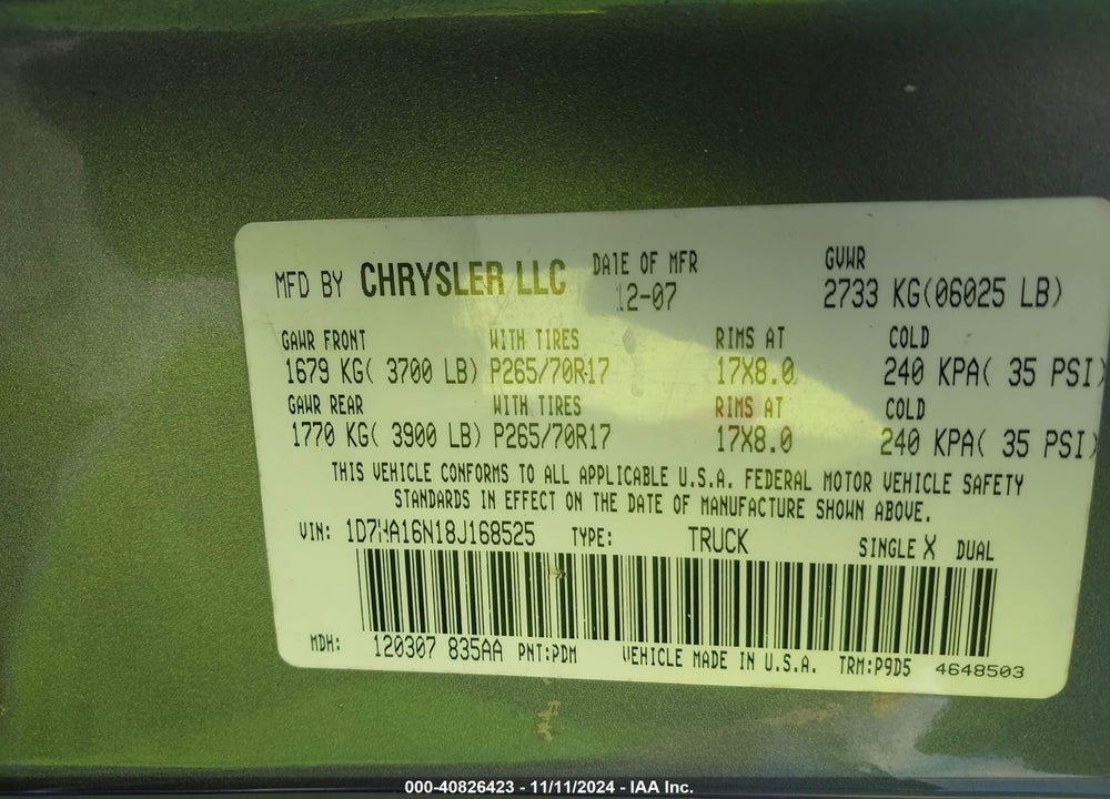 2008 DODGE RAM 1500 SLT VIN: 1D7HA16N18J168525