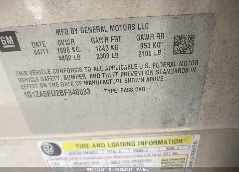 2011 CHEVROLET MALIBU LS VIN: 1G1ZA5EU2BF348033