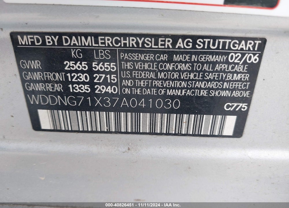 2007 MERCEDES-BENZ S 550 VIN: WDDNG71X37A041030