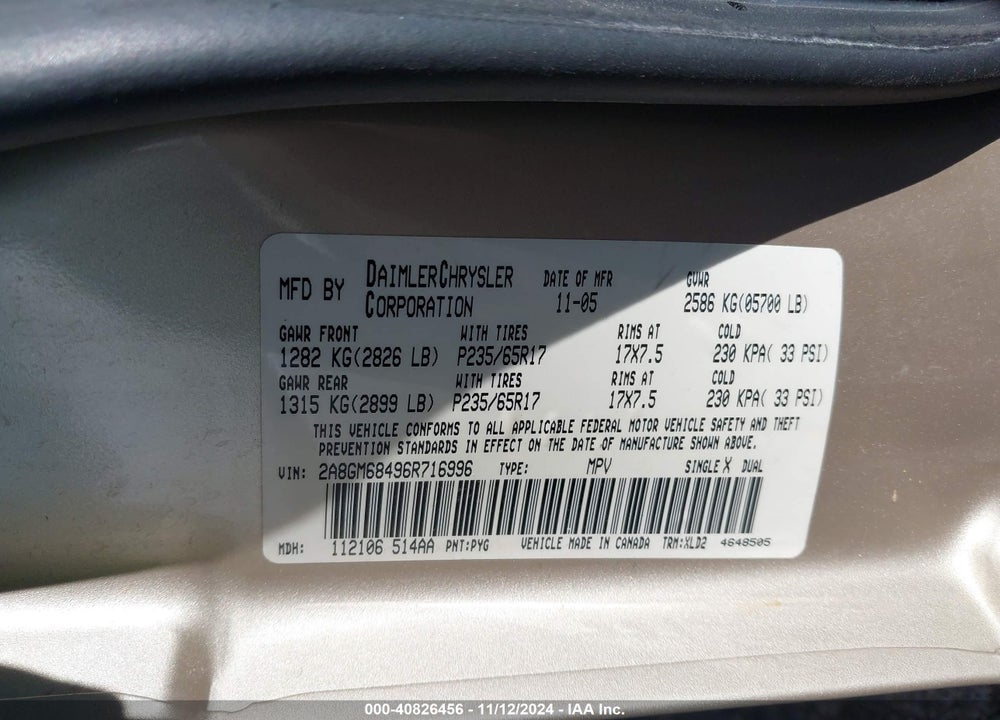 2006 CHRYSLER PACIFICA TOURING VIN: 2A8GM68496R716996