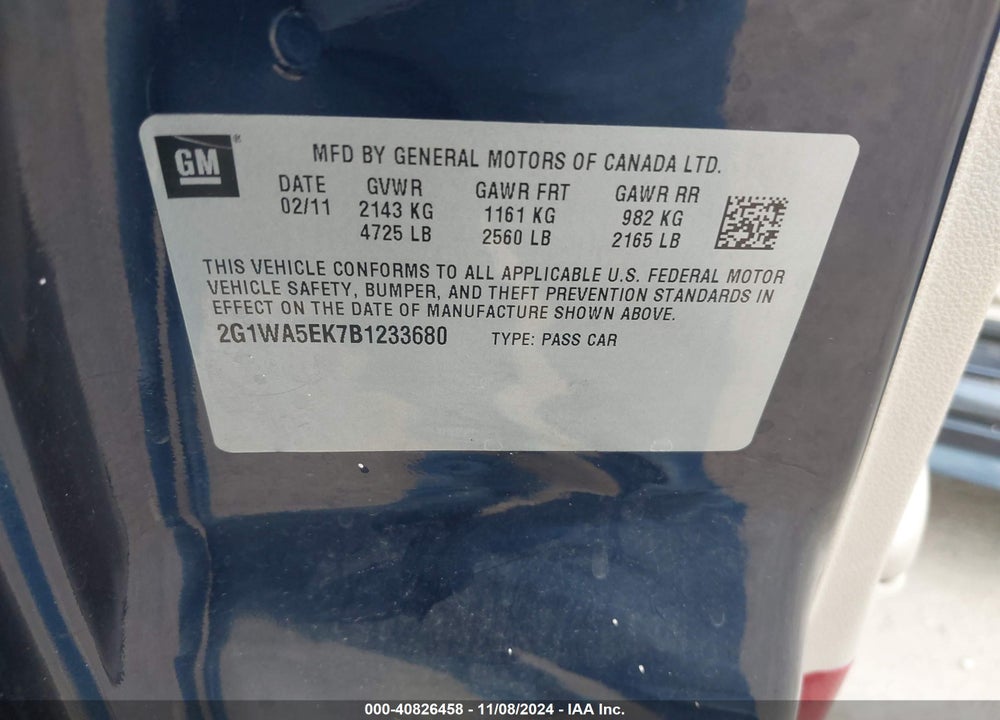 2011 CHEVROLET IMPALA VIN: 2G1WA5EK7B1233680